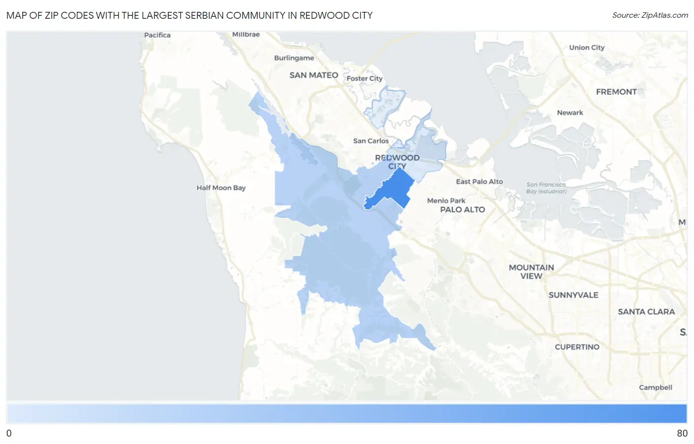 Zip Codes with the Largest Serbian Community in Redwood City Map