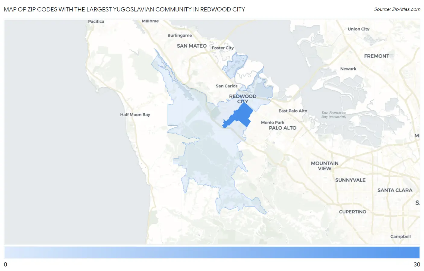 Zip Codes with the Largest Yugoslavian Community in Redwood City Map