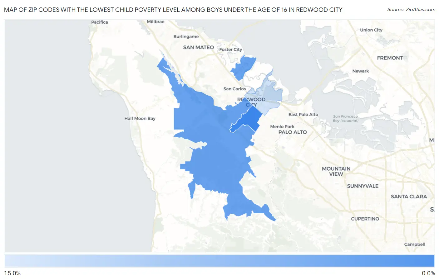 Zip Codes with the Lowest Child Poverty Level Among Boys Under the Age of 16 in Redwood City Map