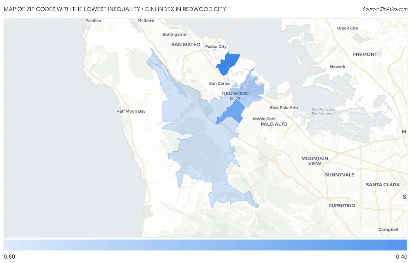 Zip Codes with the Lowest Inequality / Gini Index in Redwood City Map