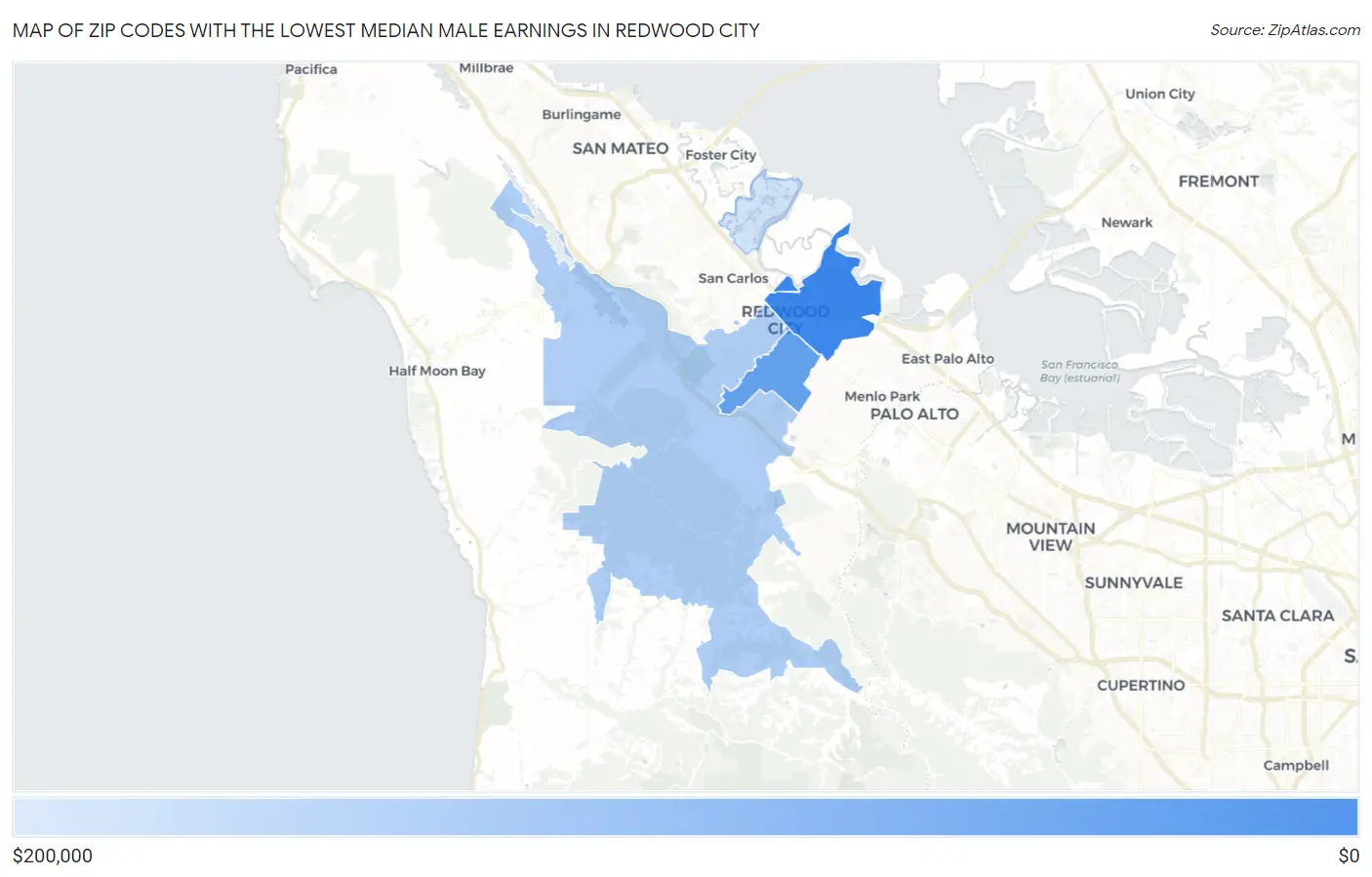 Zip Codes with the Lowest Median Male Earnings in Redwood City Map