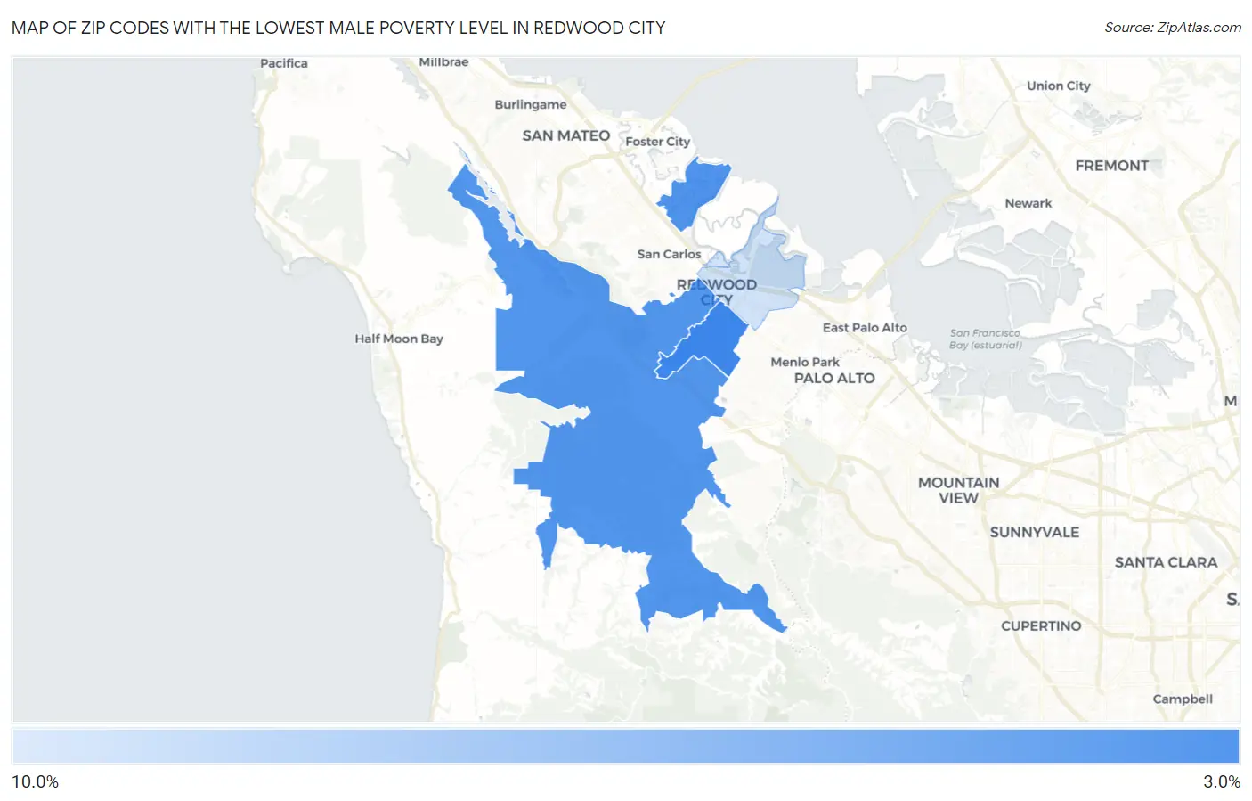 Zip Codes with the Lowest Male Poverty Level in Redwood City Map