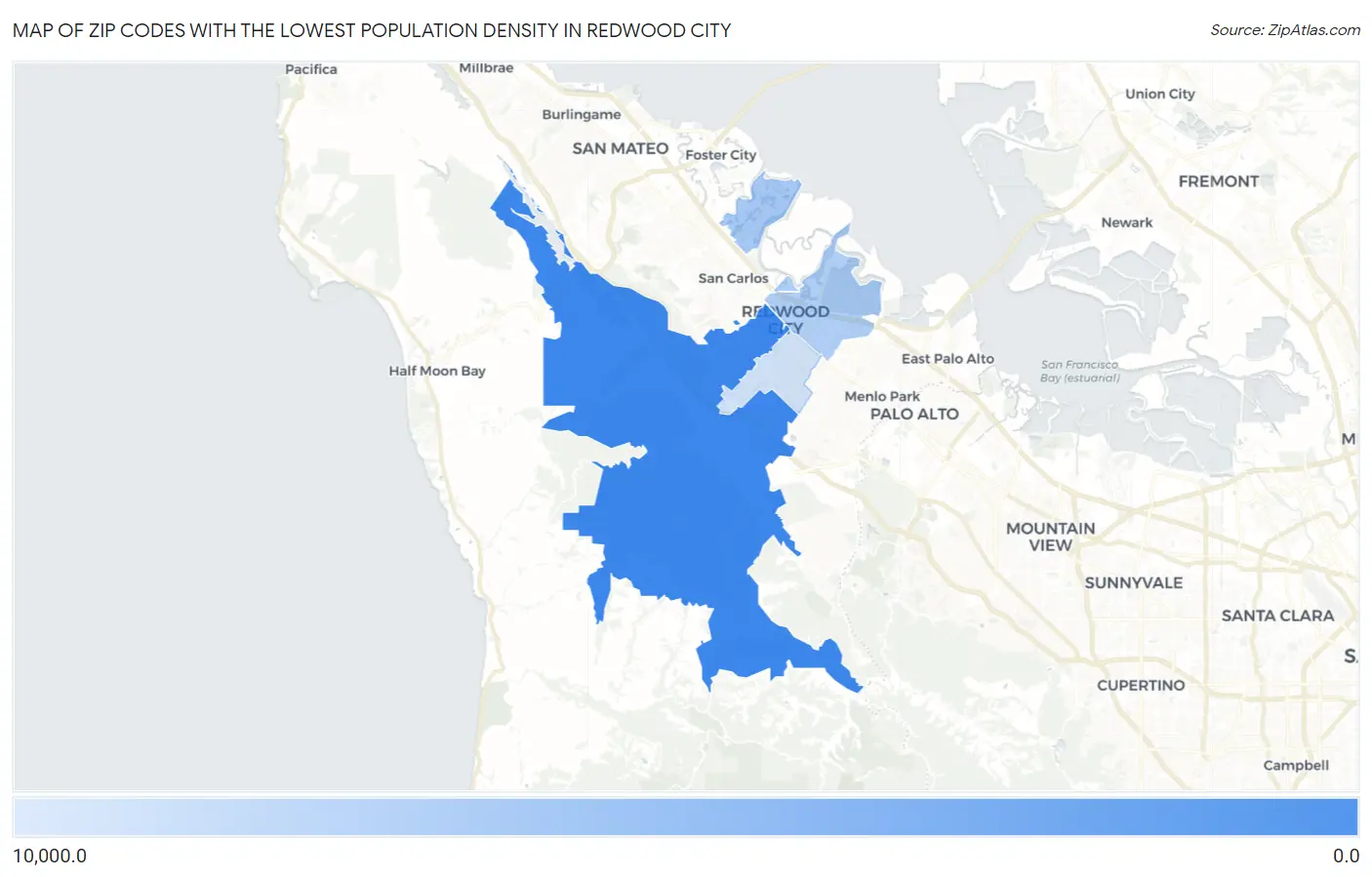 Zip Codes with the Lowest Population Density in Redwood City Map