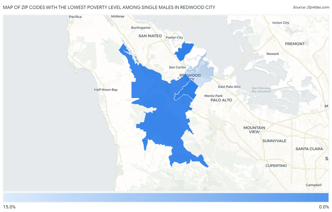 Zip Codes with the Lowest Poverty Level Among Single Males in Redwood City Map
