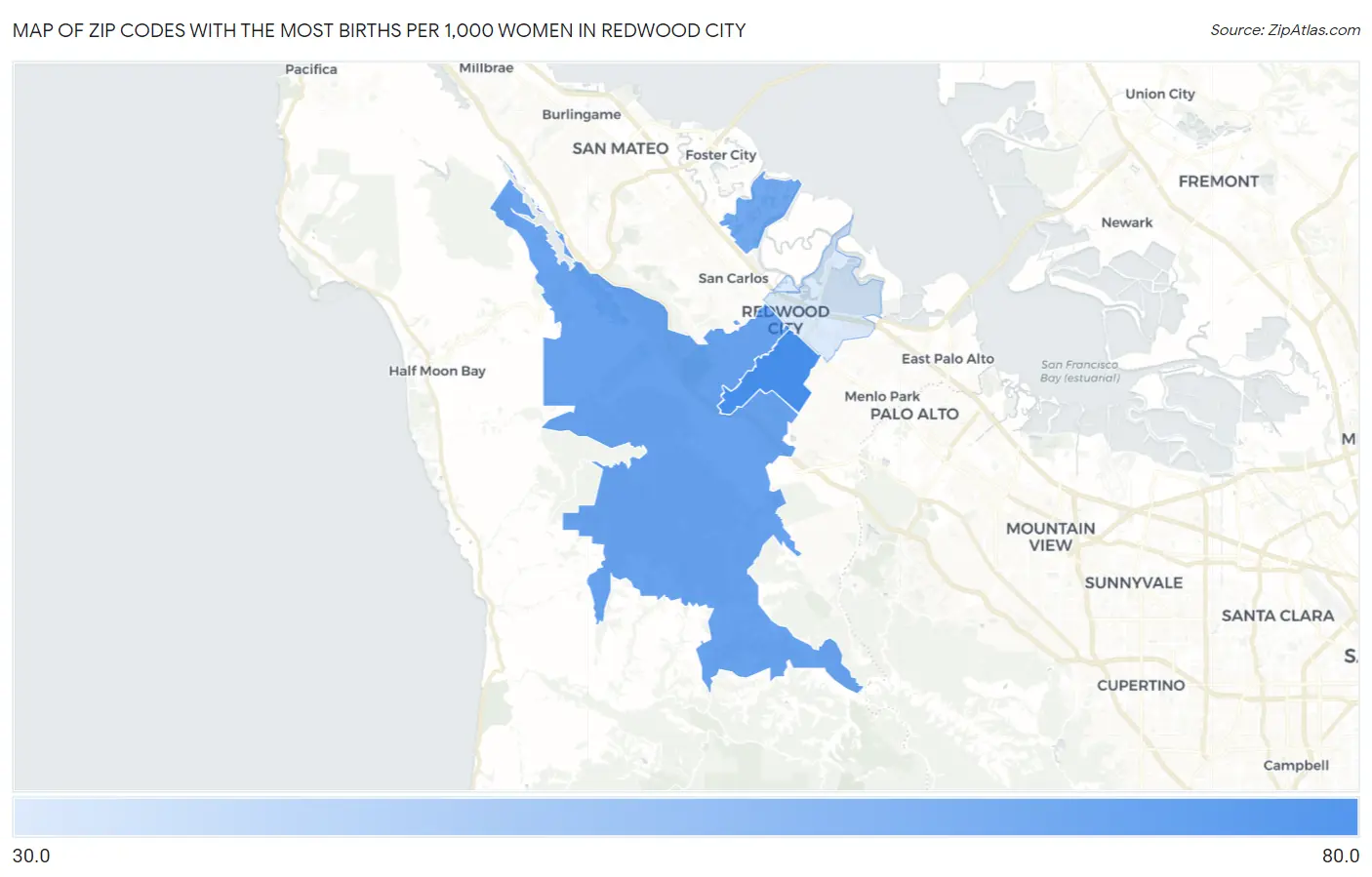 Zip Codes with the Most Births per 1,000 Women in Redwood City Map