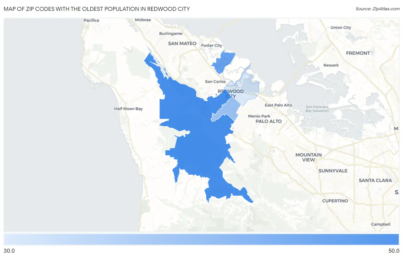 Zip Codes with the Oldest Population in Redwood City Map