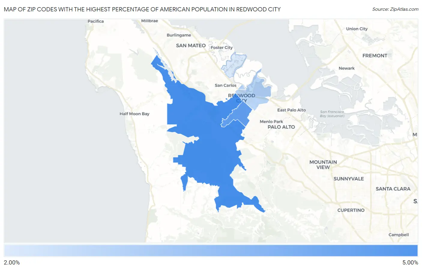 Zip Codes with the Highest Percentage of American Population in Redwood City Map