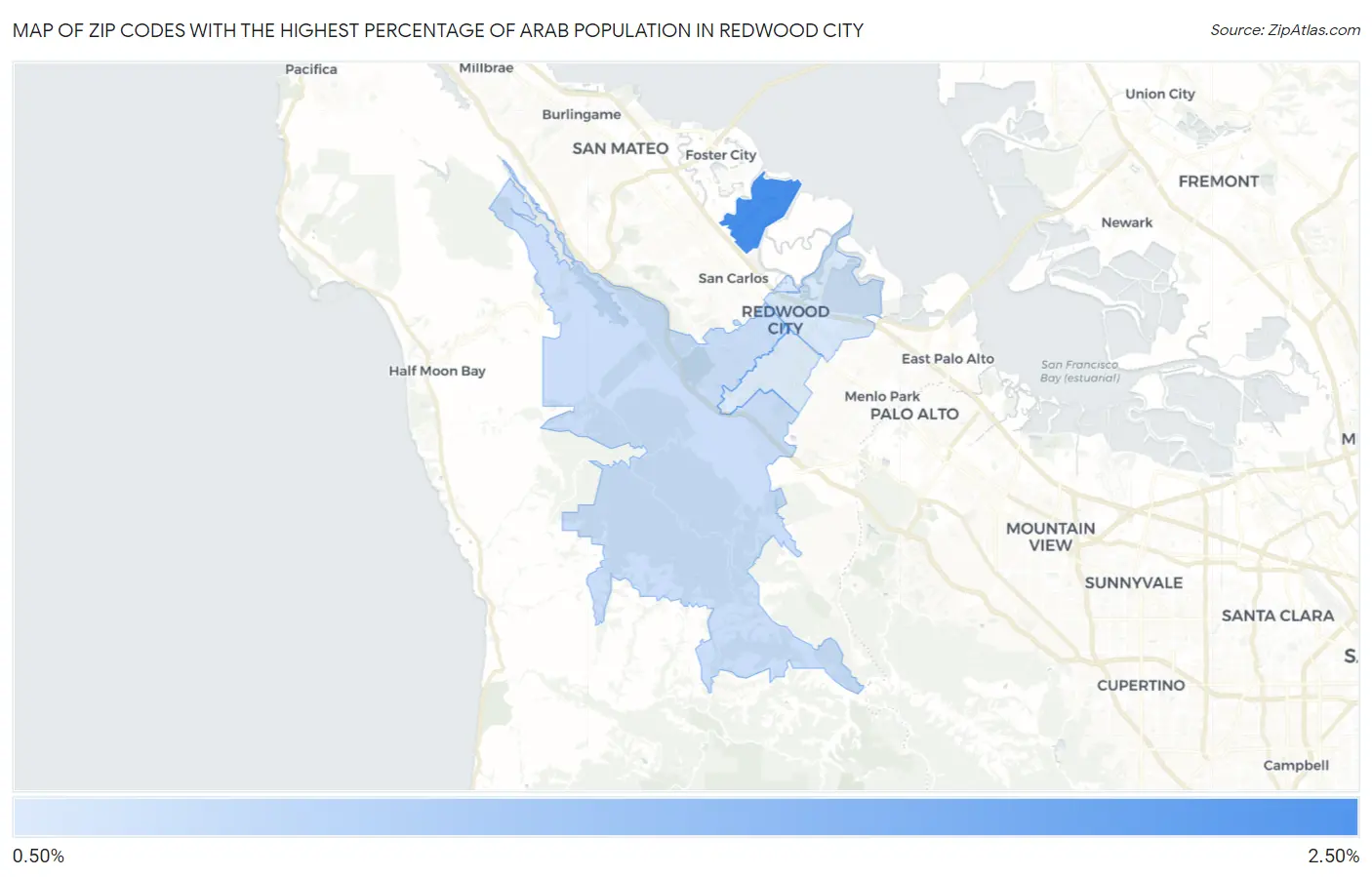Zip Codes with the Highest Percentage of Arab Population in Redwood City Map