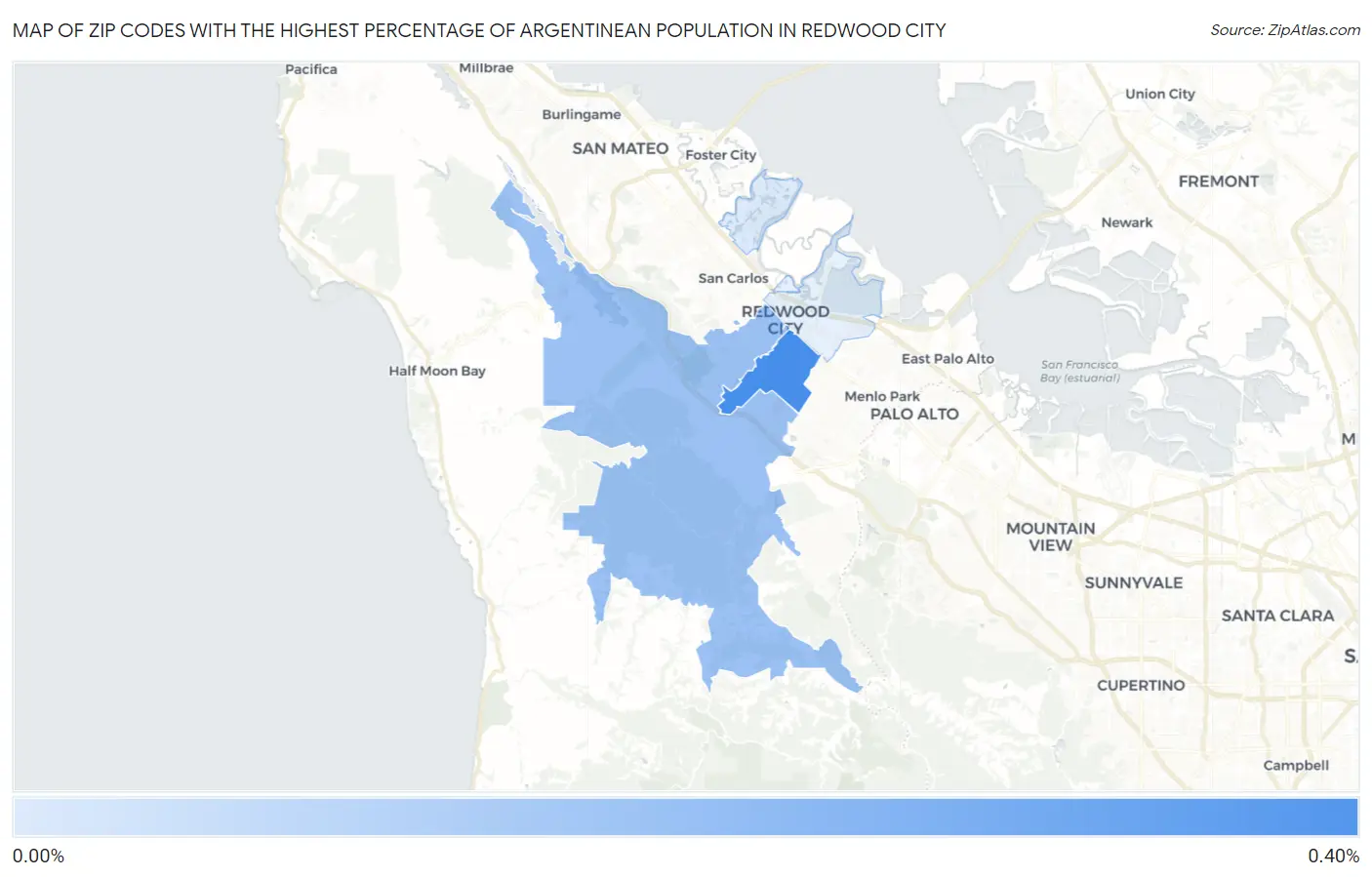 Zip Codes with the Highest Percentage of Argentinean Population in Redwood City Map