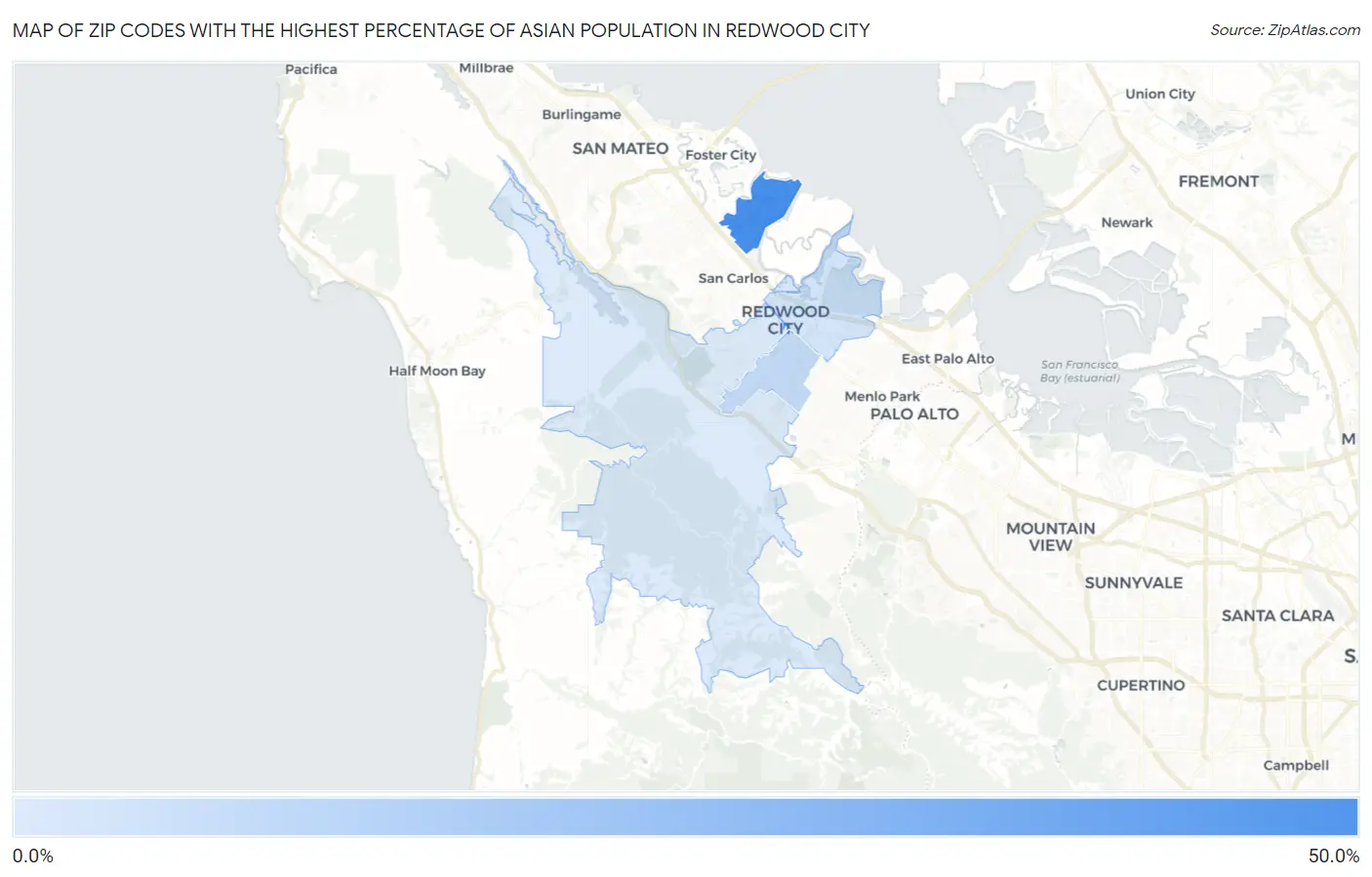 Zip Codes with the Highest Percentage of Asian Population in Redwood City Map