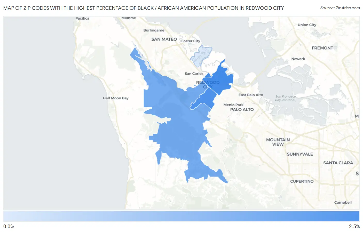 Zip Codes with the Highest Percentage of Black / African American Population in Redwood City Map