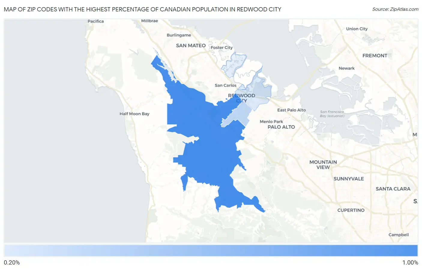 Zip Codes with the Highest Percentage of Canadian Population in Redwood City Map