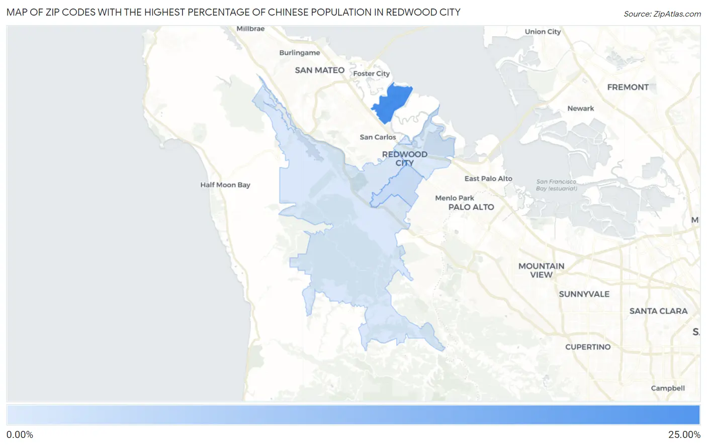 Zip Codes with the Highest Percentage of Chinese Population in Redwood City Map