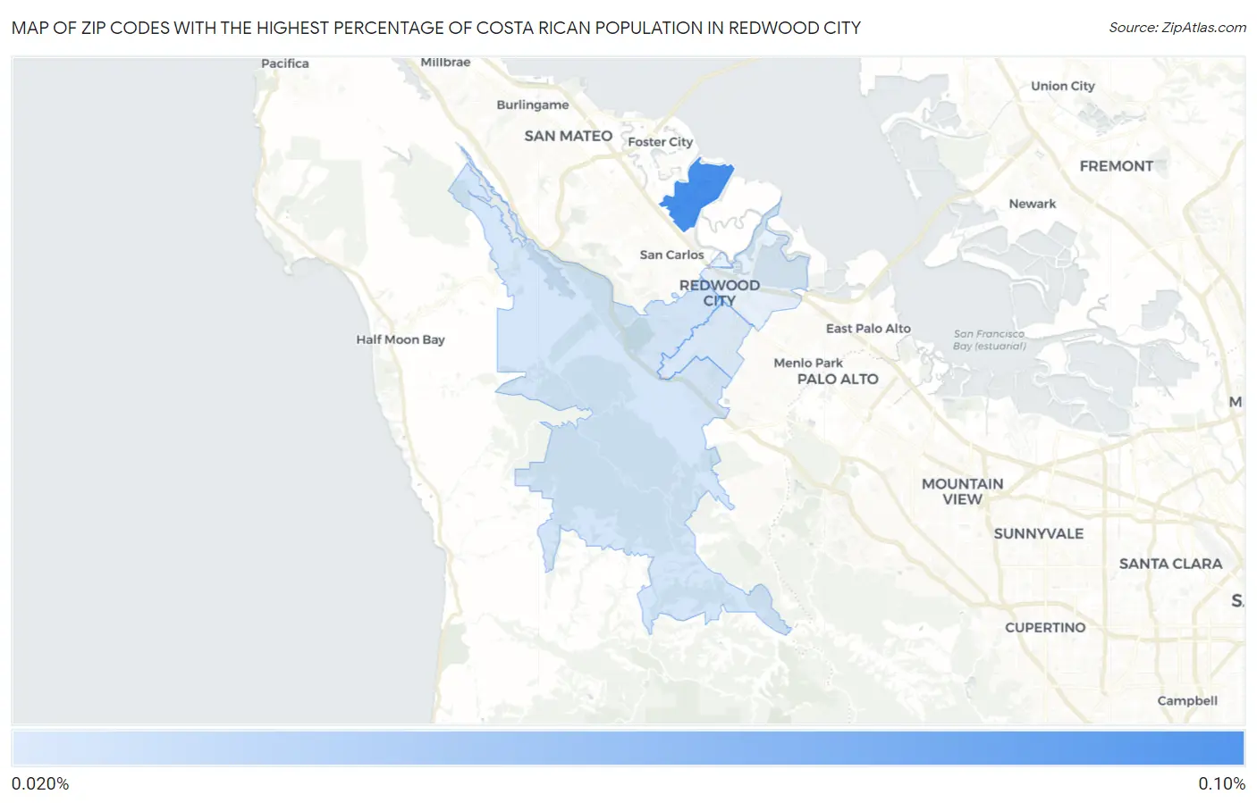 Zip Codes with the Highest Percentage of Costa Rican Population in Redwood City Map