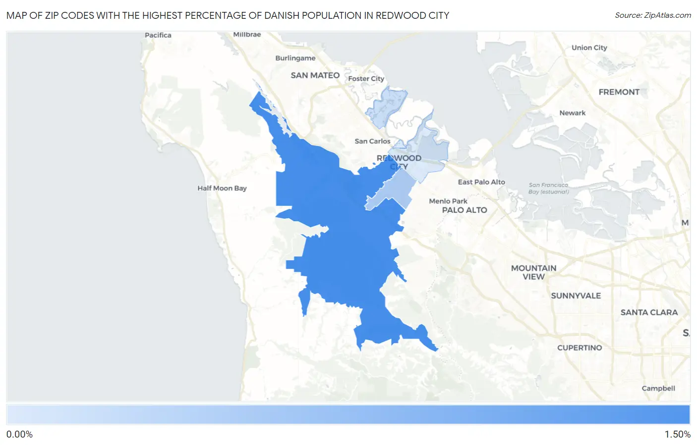 Zip Codes with the Highest Percentage of Danish Population in Redwood City Map