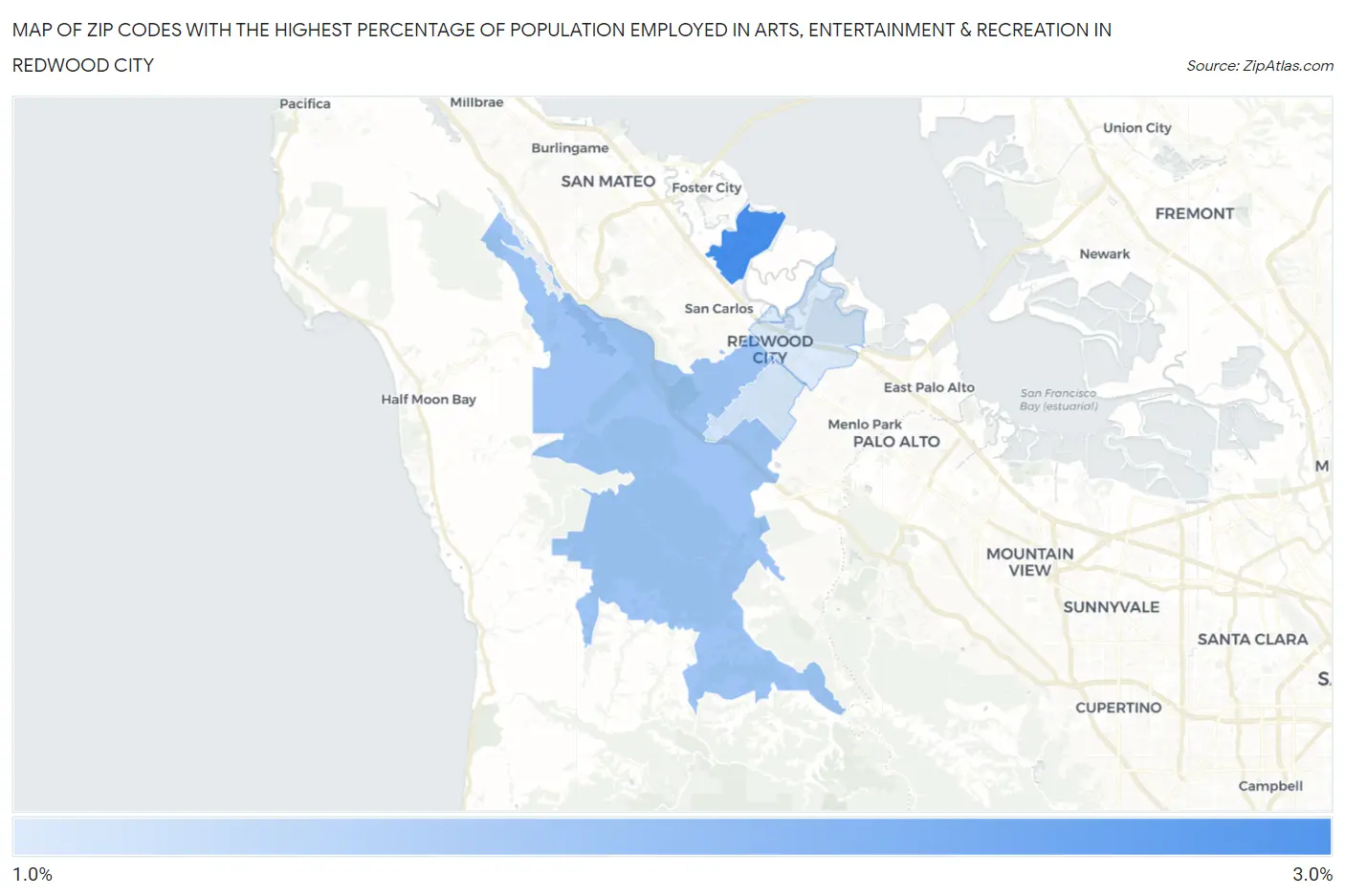 Zip Codes with the Highest Percentage of Population Employed in Arts, Entertainment & Recreation in Redwood City Map