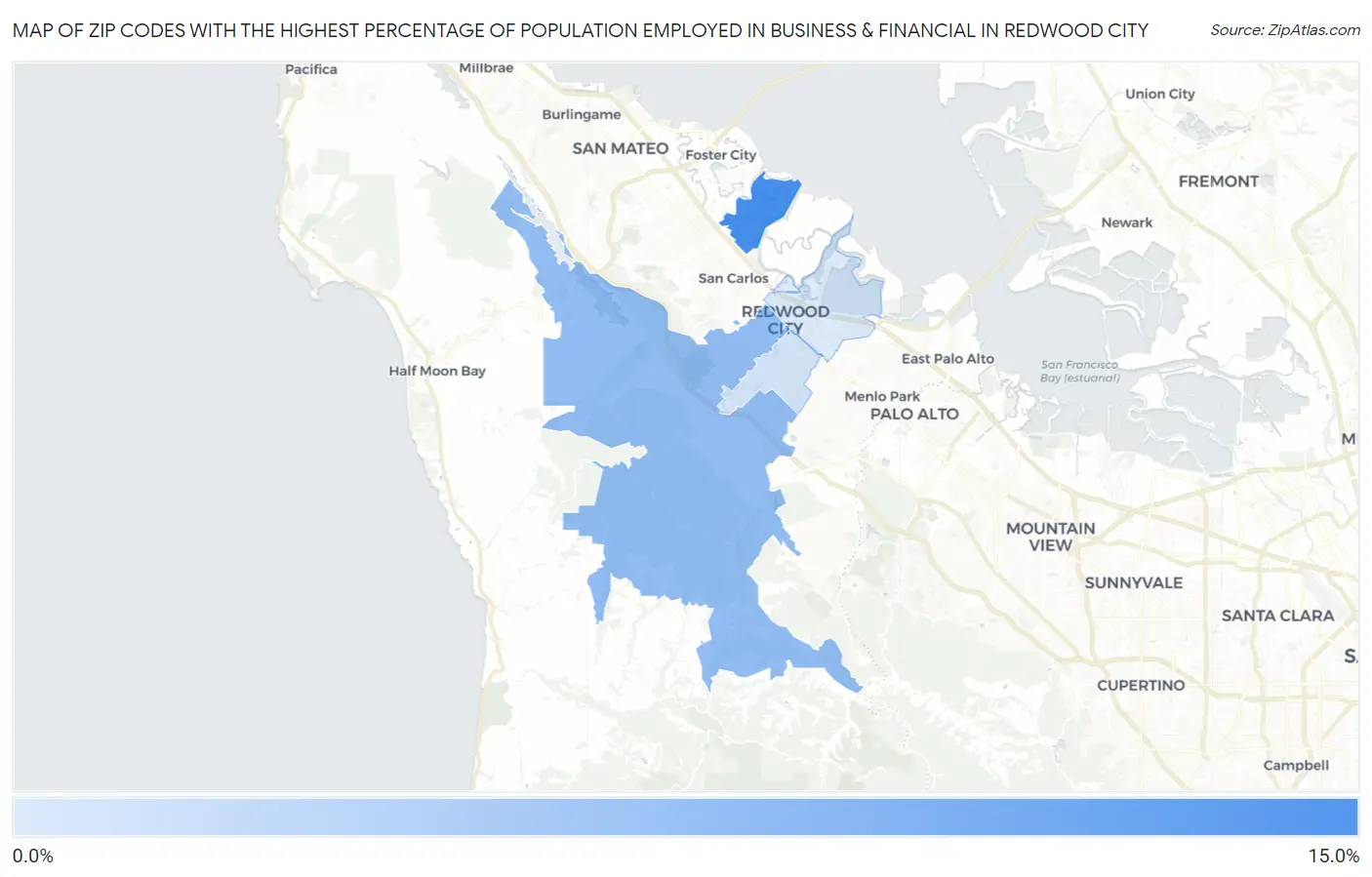 Zip Codes with the Highest Percentage of Population Employed in Business & Financial in Redwood City Map