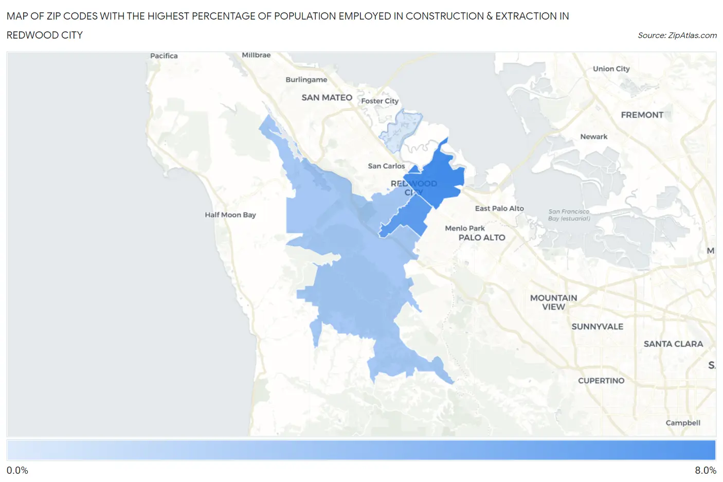 Zip Codes with the Highest Percentage of Population Employed in Construction & Extraction in Redwood City Map