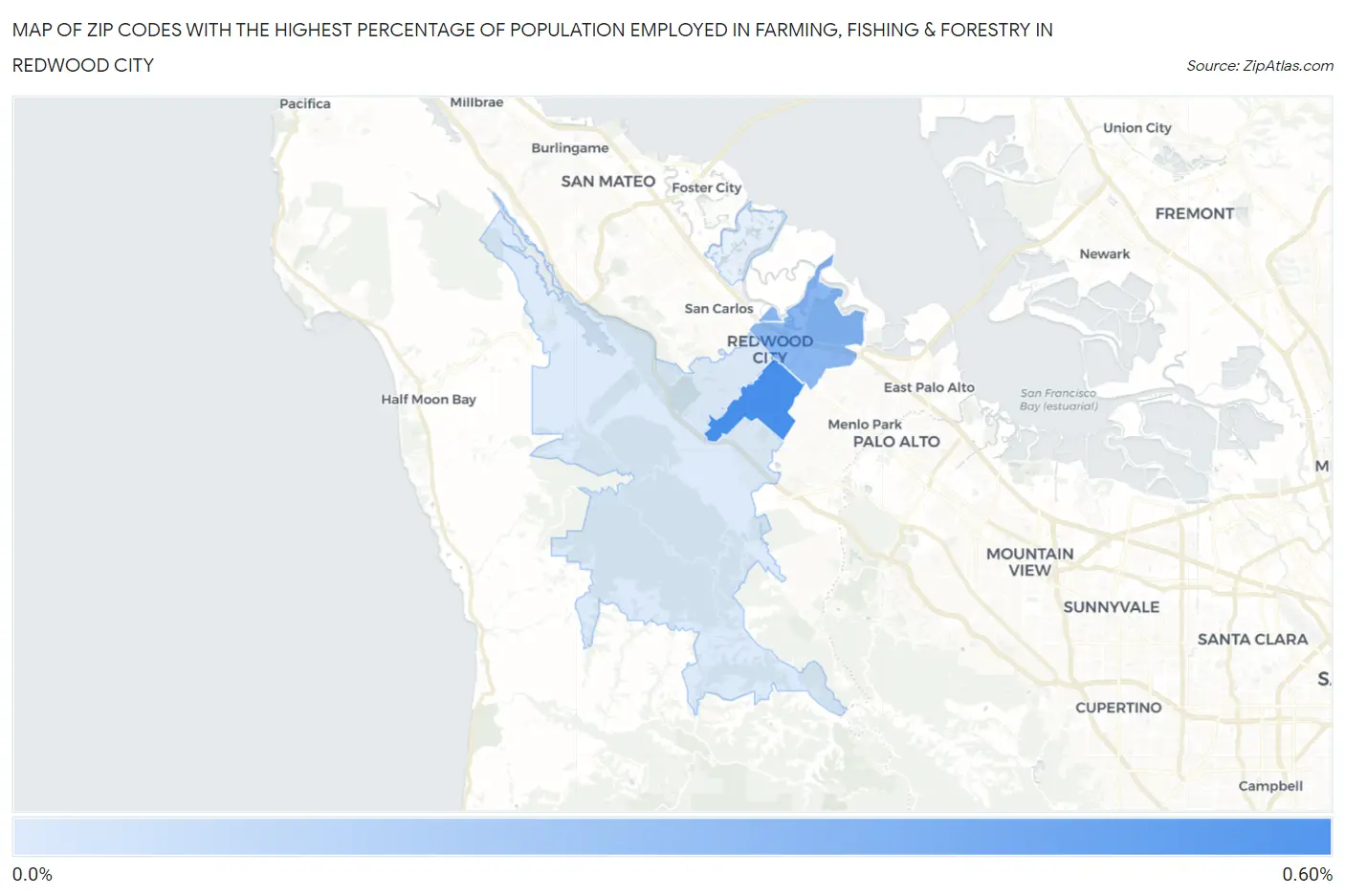 Zip Codes with the Highest Percentage of Population Employed in Farming, Fishing & Forestry in Redwood City Map