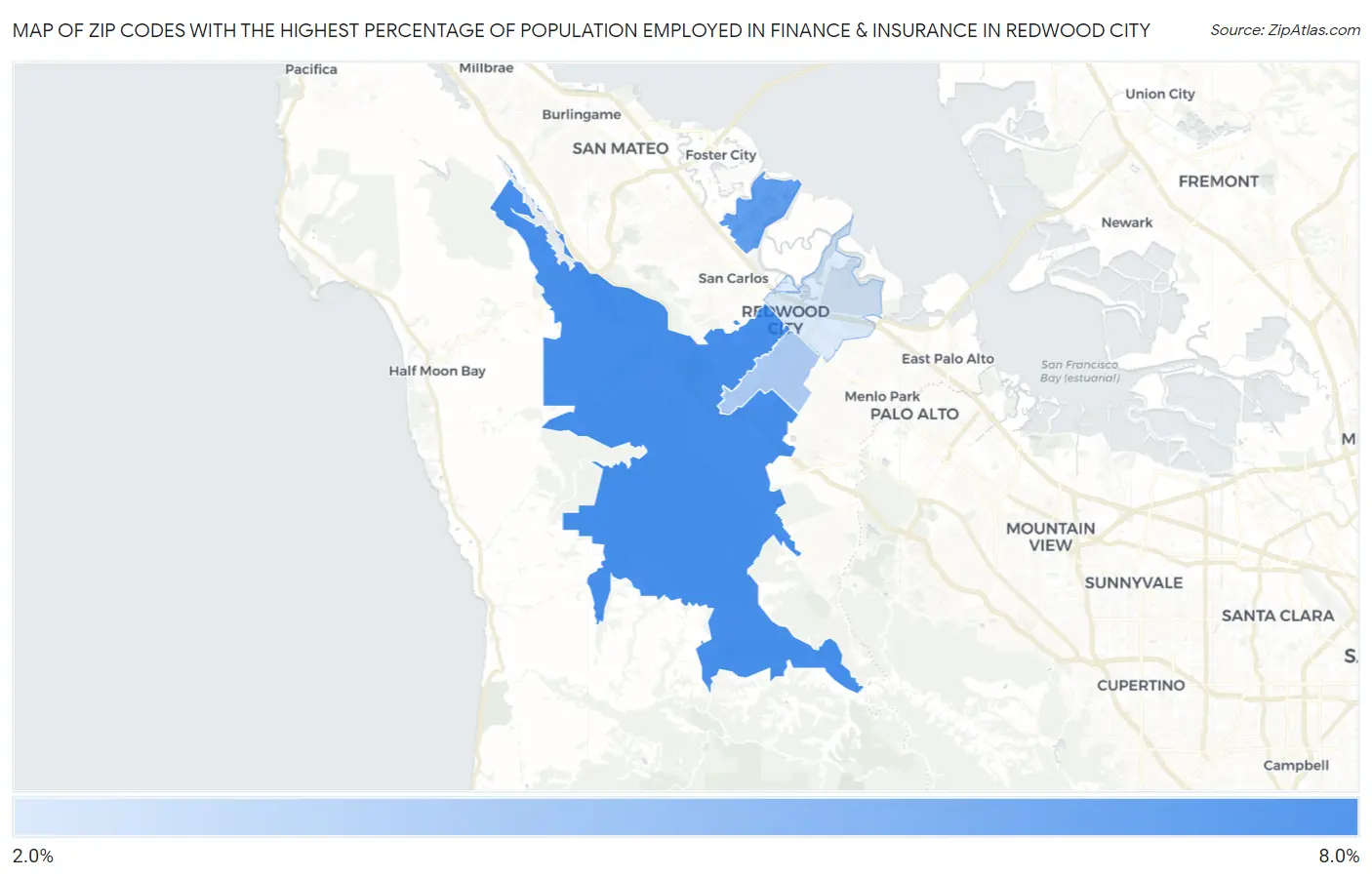 Zip Codes with the Highest Percentage of Population Employed in Finance & Insurance in Redwood City Map