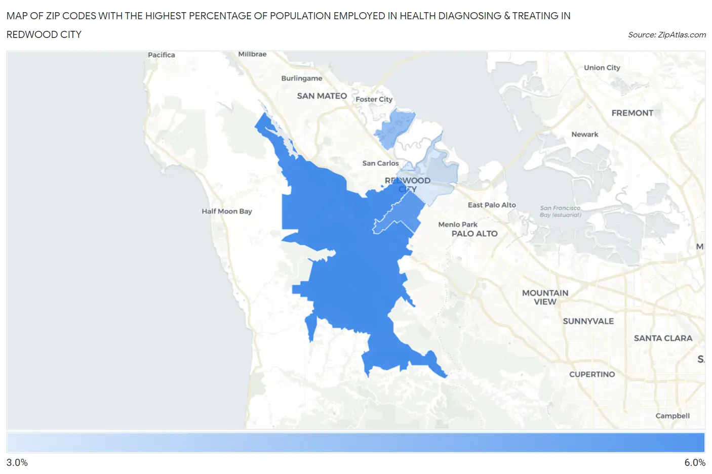 Zip Codes with the Highest Percentage of Population Employed in Health Diagnosing & Treating in Redwood City Map