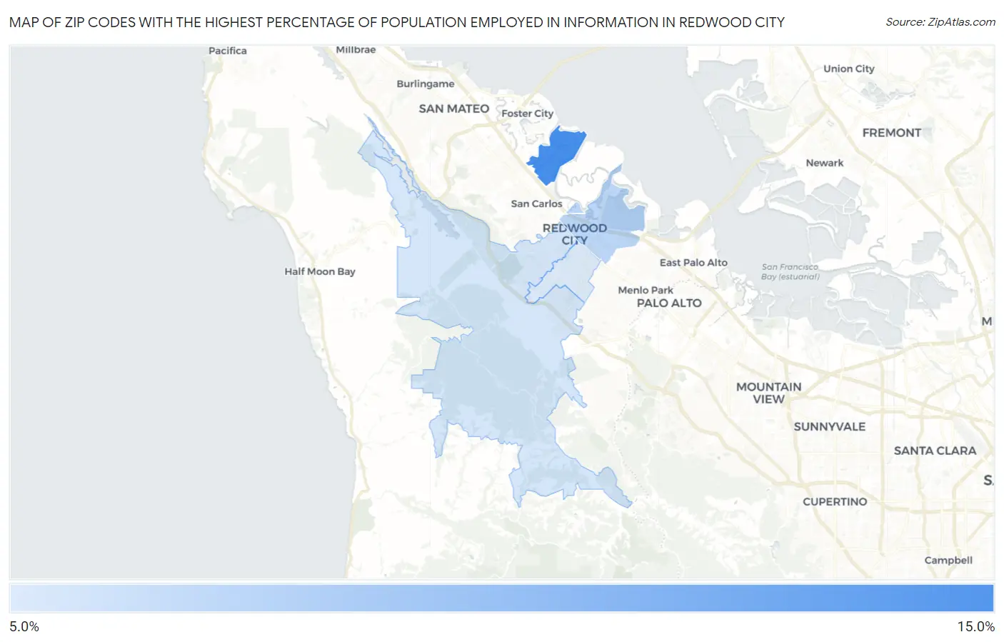 Zip Codes with the Highest Percentage of Population Employed in Information in Redwood City Map