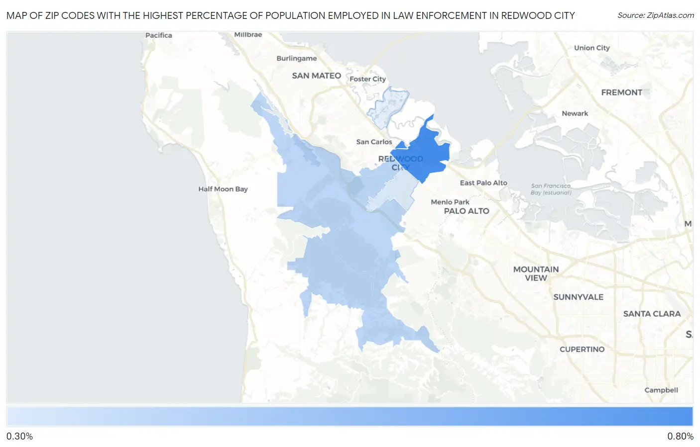 Zip Codes with the Highest Percentage of Population Employed in Law Enforcement in Redwood City Map