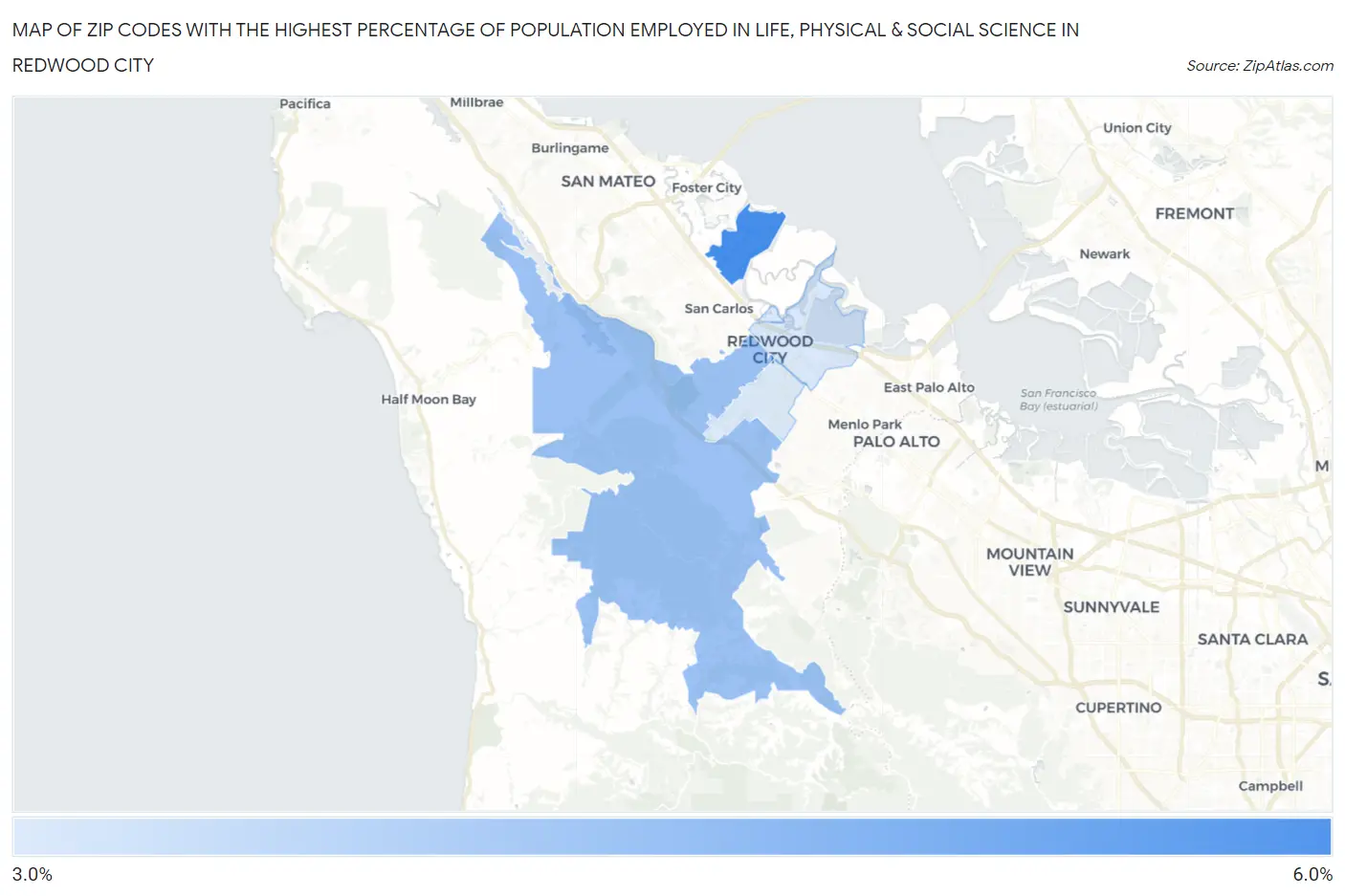 Zip Codes with the Highest Percentage of Population Employed in Life, Physical & Social Science in Redwood City Map