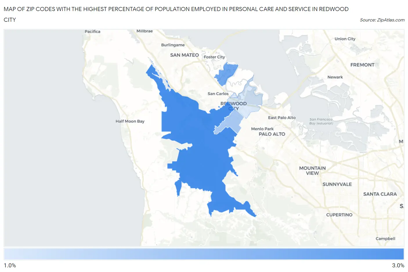 Zip Codes with the Highest Percentage of Population Employed in Personal Care and Service in Redwood City Map