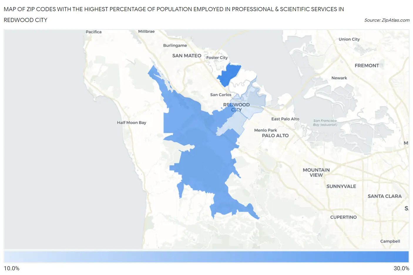 Zip Codes with the Highest Percentage of Population Employed in Professional & Scientific Services in Redwood City Map