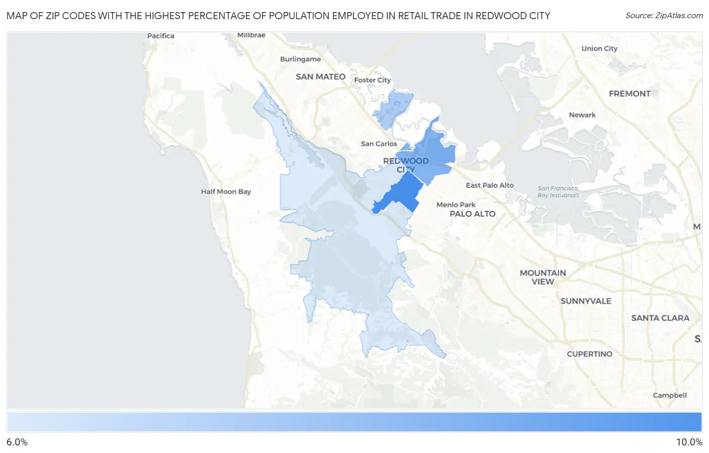 Zip Codes with the Highest Percentage of Population Employed in Retail Trade in Redwood City Map