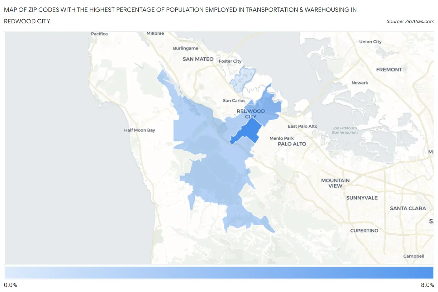 Zip Codes with the Highest Percentage of Population Employed in Transportation & Warehousing in Redwood City Map