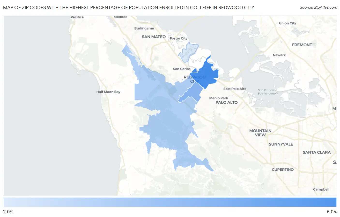 Zip Codes with the Highest Percentage of Population Enrolled in College in Redwood City Map