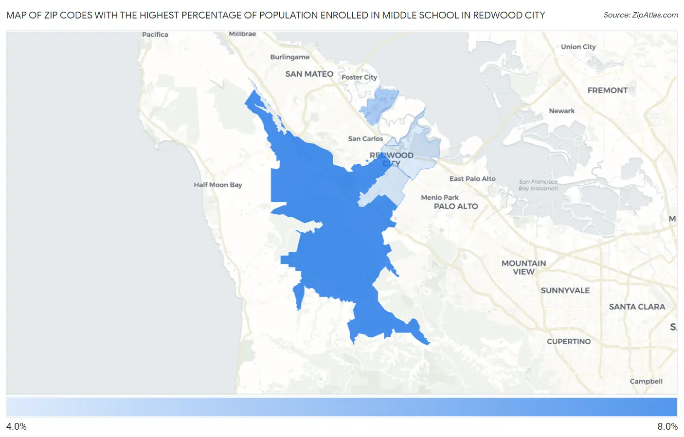 Zip Codes with the Highest Percentage of Population Enrolled in Middle School in Redwood City Map