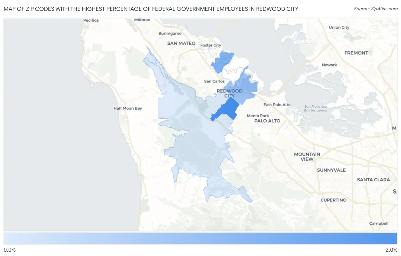 Zip Codes with the Highest Percentage of Federal Government Employees in Redwood City Map