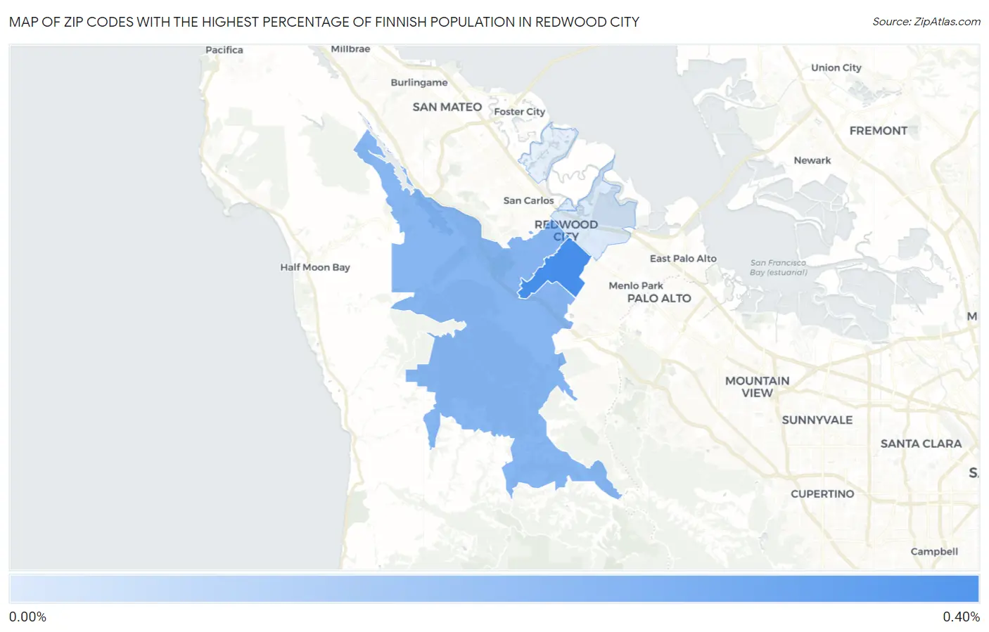 Zip Codes with the Highest Percentage of Finnish Population in Redwood City Map
