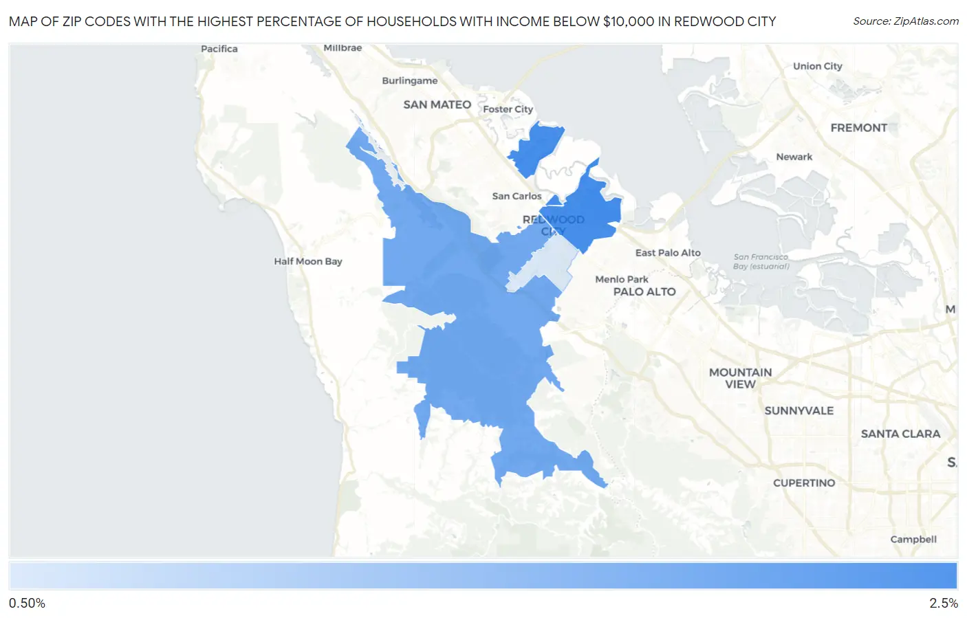 Zip Codes with the Highest Percentage of Households with Income Below $10,000 in Redwood City Map