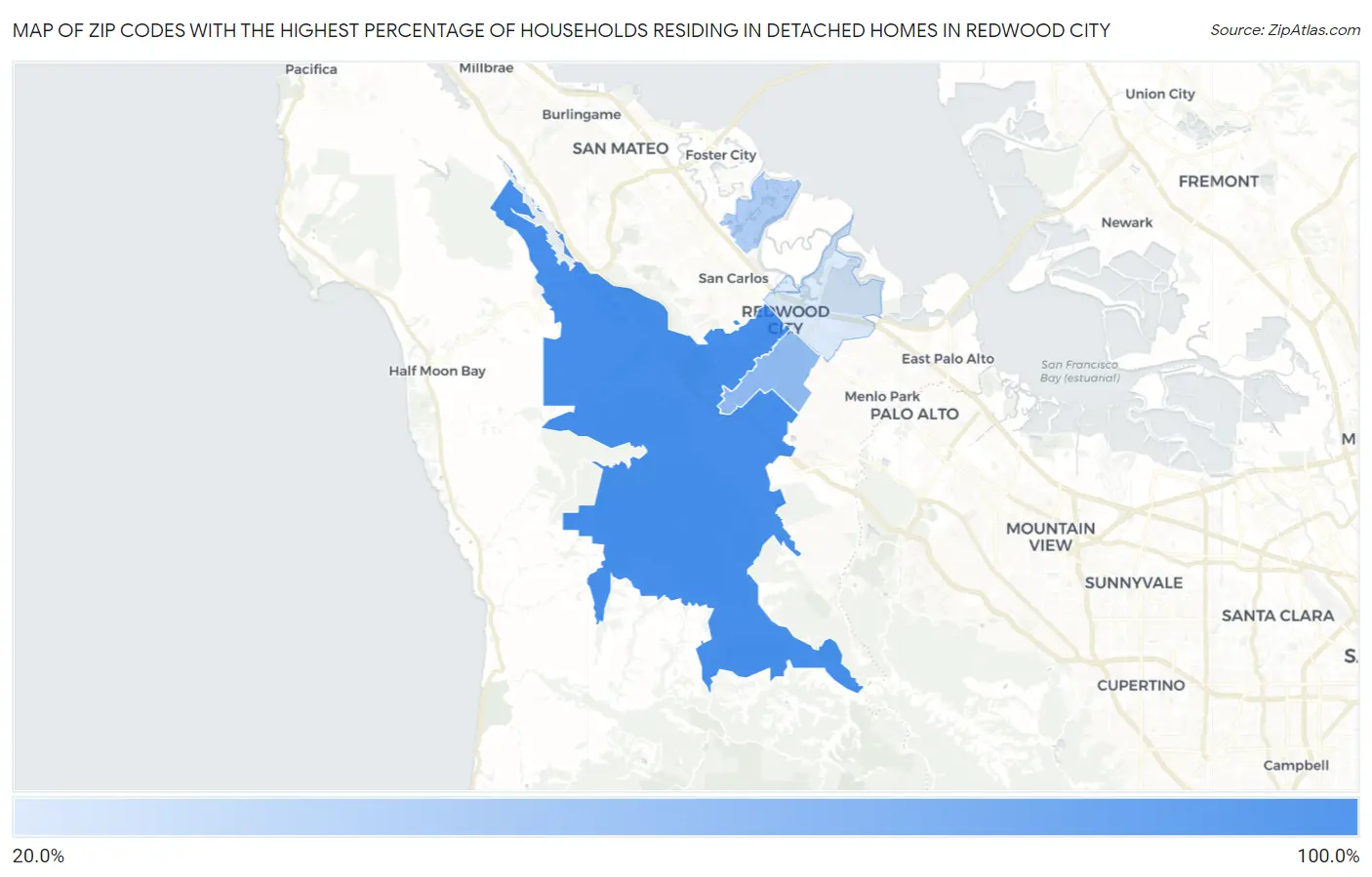 Zip Codes with the Highest Percentage of Households Residing in Detached Homes in Redwood City Map