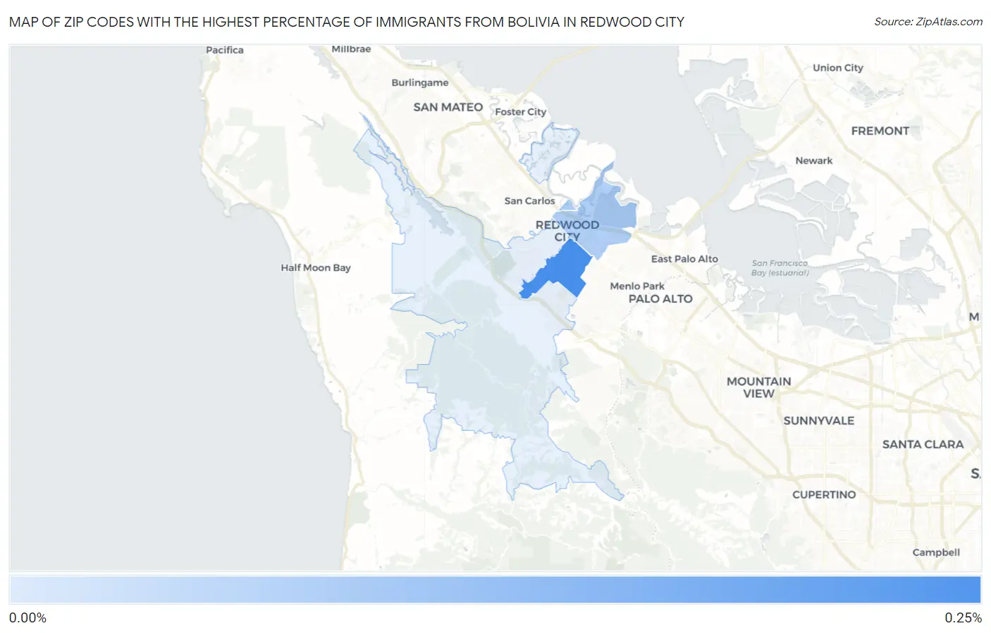 Zip Codes with the Highest Percentage of Immigrants from Bolivia in Redwood City Map