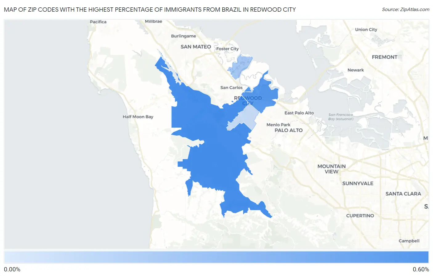 Zip Codes with the Highest Percentage of Immigrants from Brazil in Redwood City Map