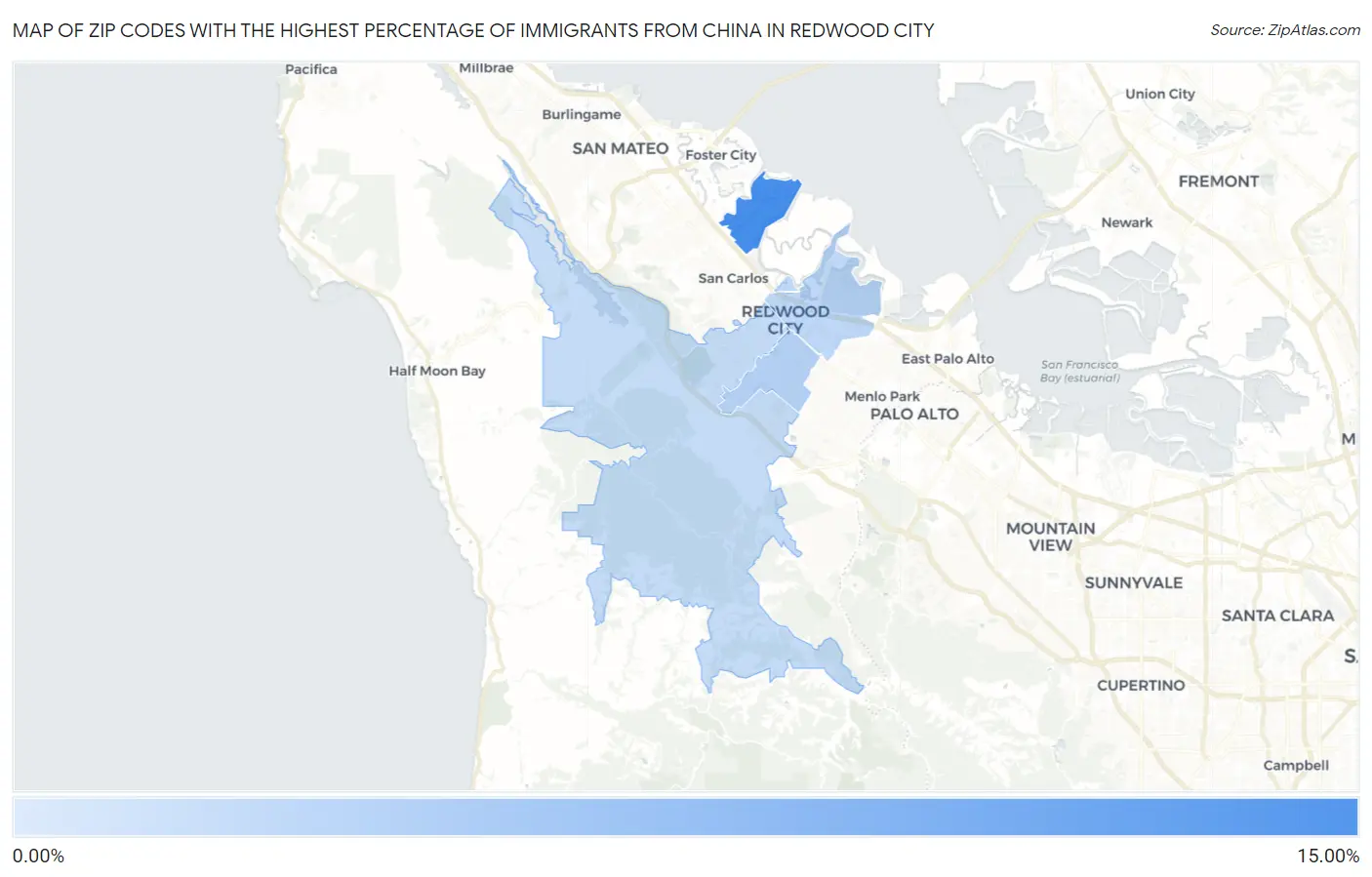 Zip Codes with the Highest Percentage of Immigrants from China in Redwood City Map