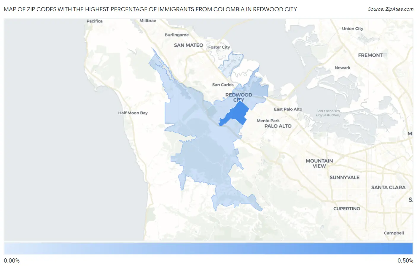 Zip Codes with the Highest Percentage of Immigrants from Colombia in Redwood City Map