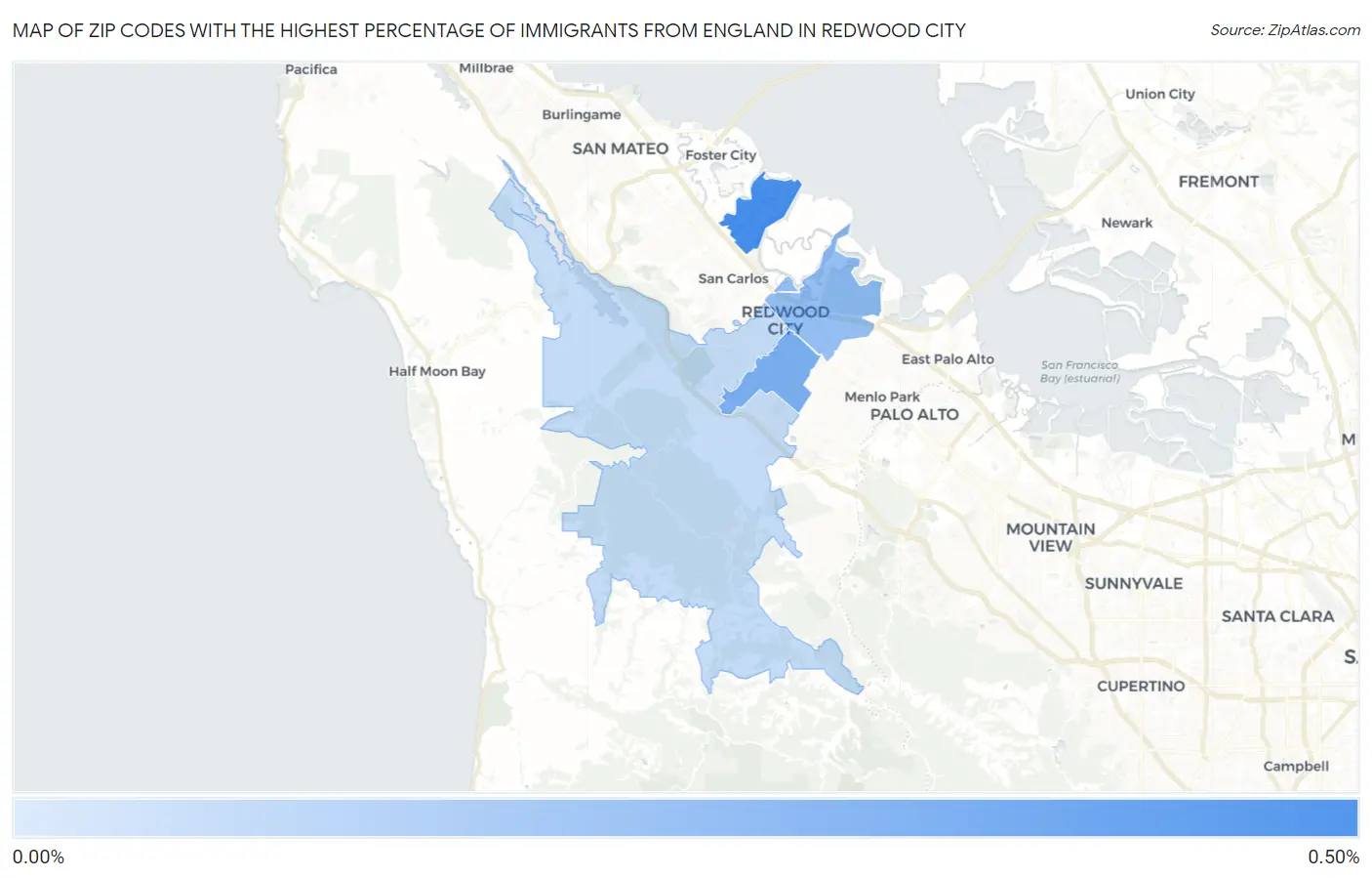 Zip Codes with the Highest Percentage of Immigrants from England in Redwood City Map