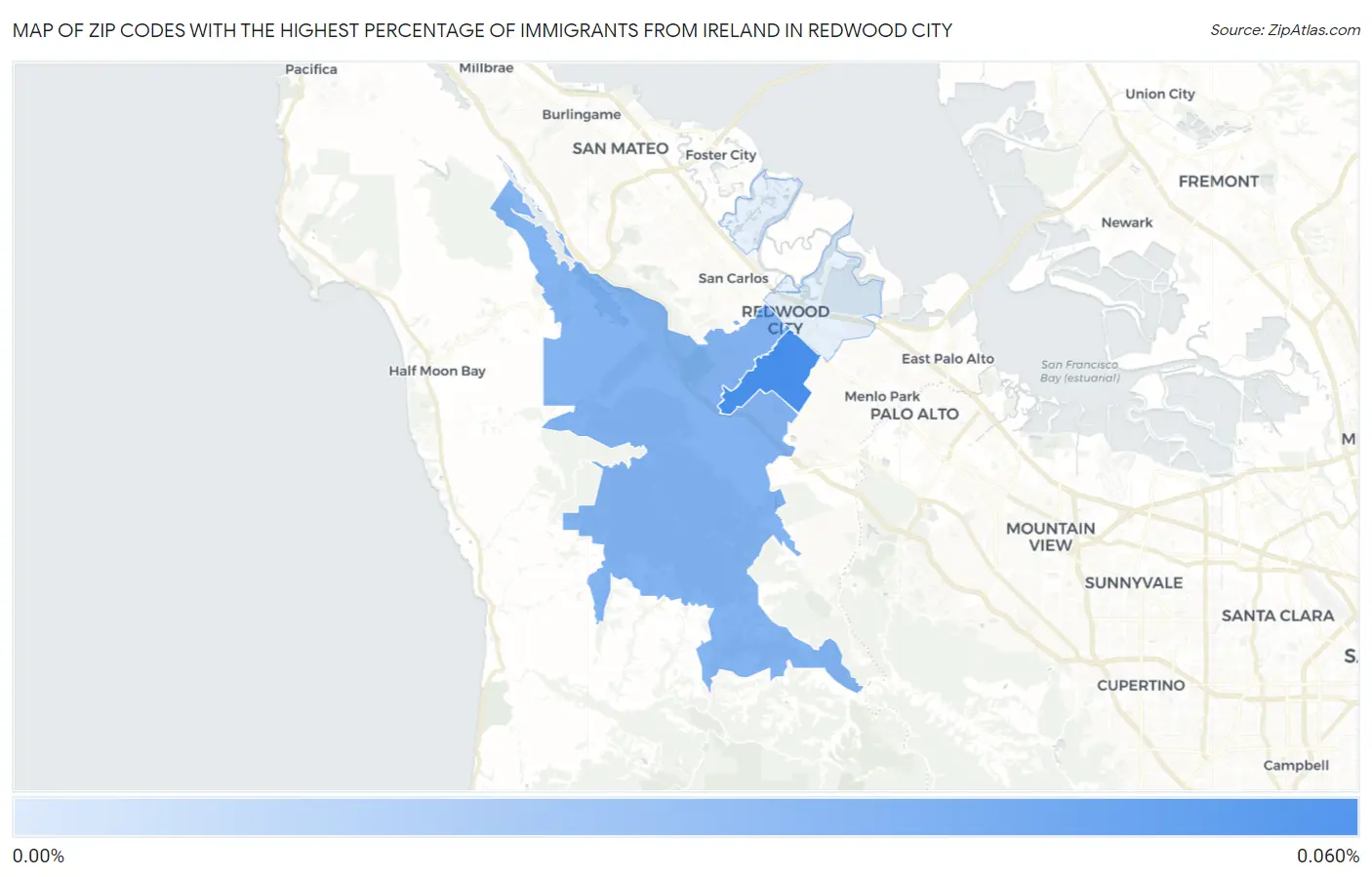 Zip Codes with the Highest Percentage of Immigrants from Ireland in Redwood City Map