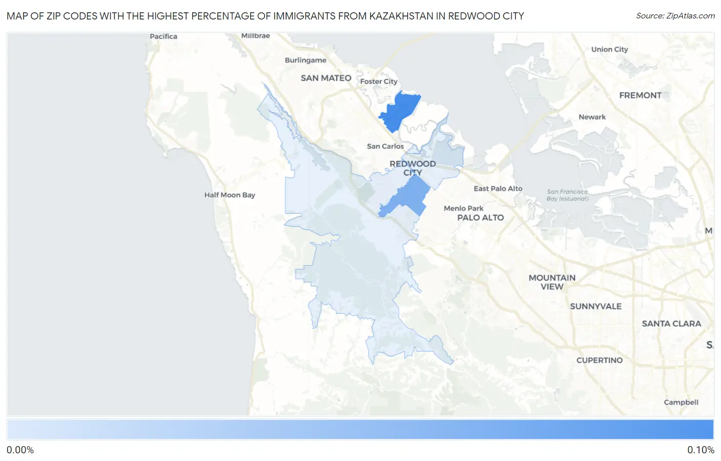 Zip Codes with the Highest Percentage of Immigrants from Kazakhstan in Redwood City Map