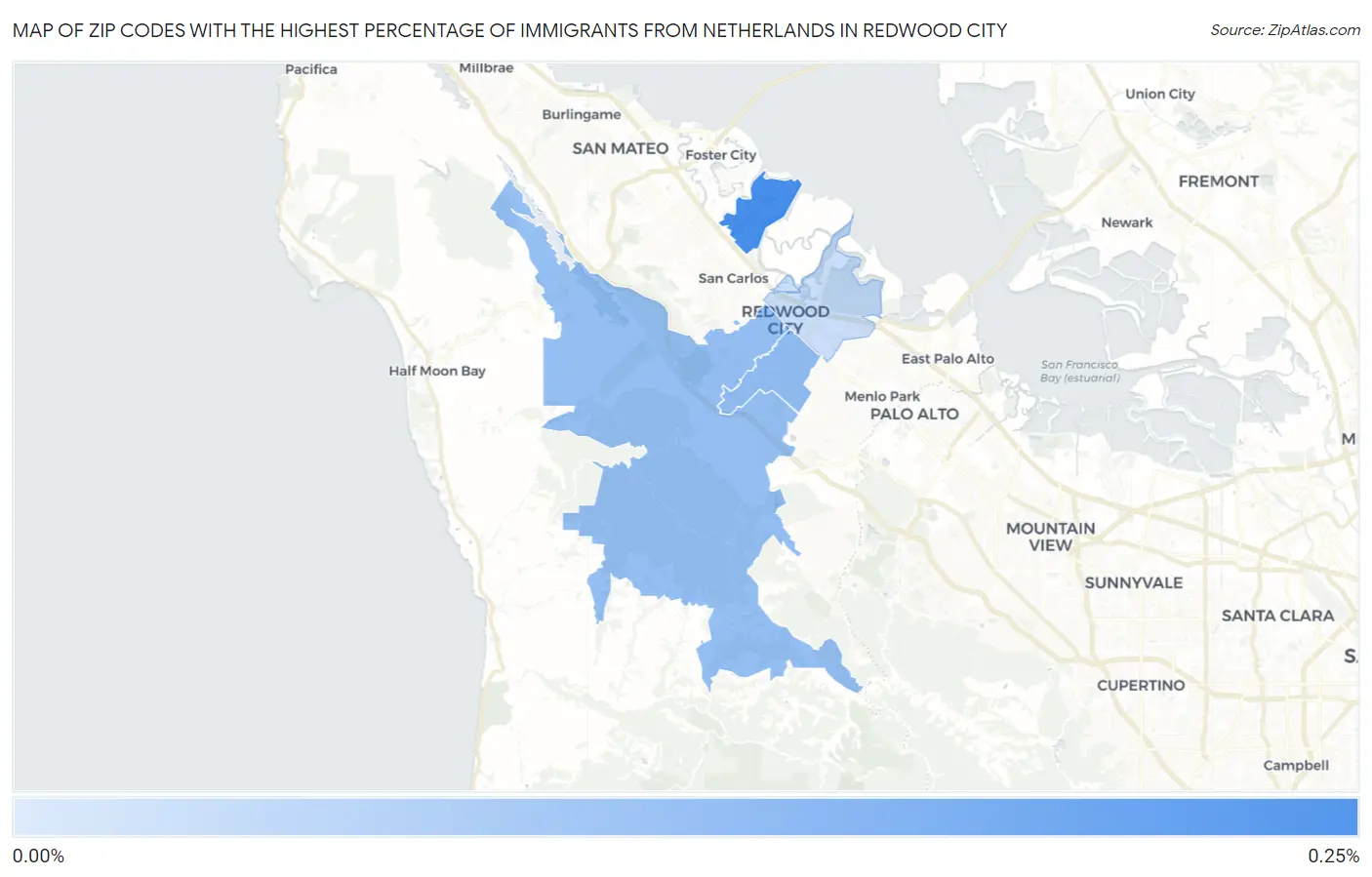 Zip Codes with the Highest Percentage of Immigrants from Netherlands in Redwood City Map