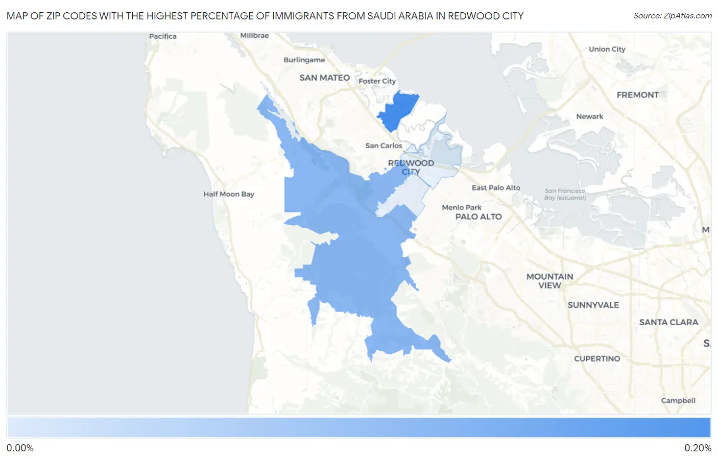 Zip Codes with the Highest Percentage of Immigrants from Saudi Arabia in Redwood City Map