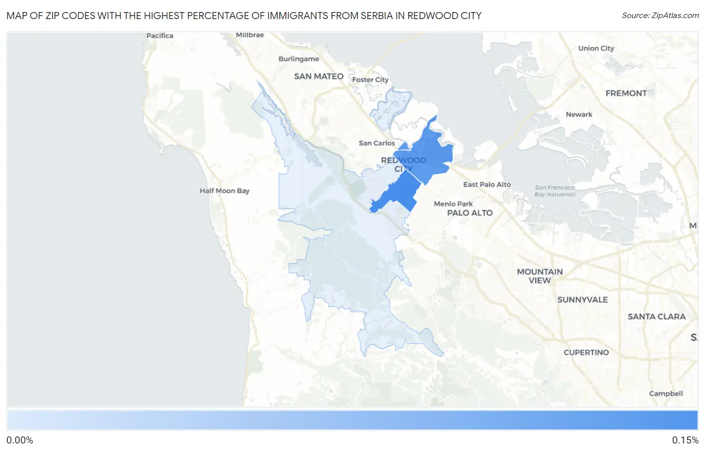 Zip Codes with the Highest Percentage of Immigrants from Serbia in Redwood City Map