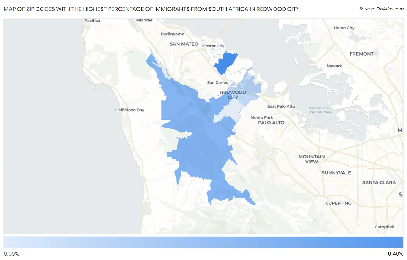 Zip Codes with the Highest Percentage of Immigrants from South Africa in Redwood City Map