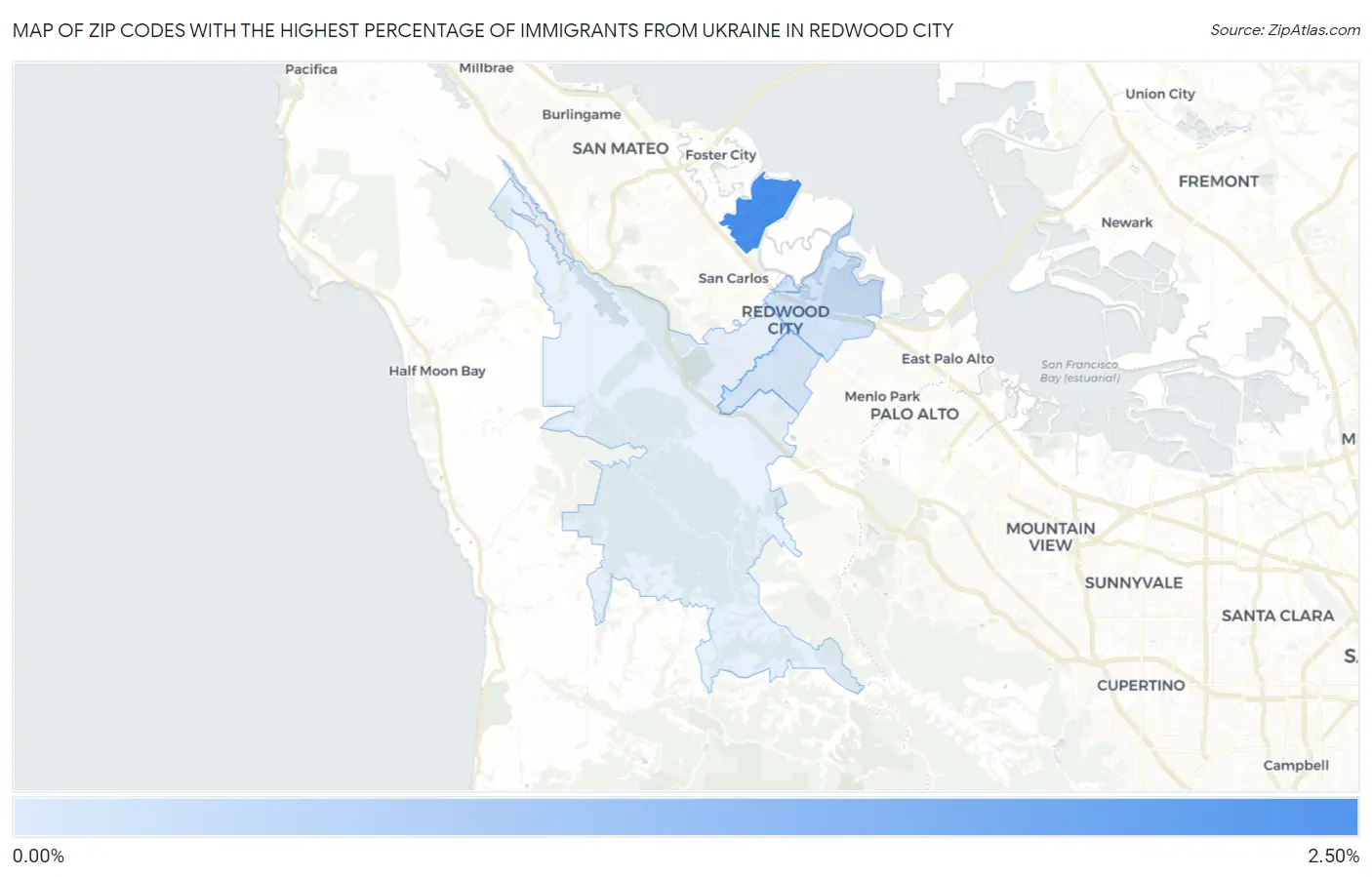 Zip Codes with the Highest Percentage of Immigrants from Ukraine in Redwood City Map